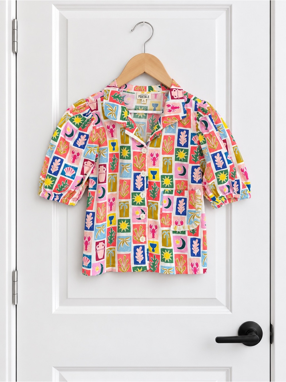 Finding Foxtale Girls Size 8 Colorful Coastal Print Puff Sleeve Button Top